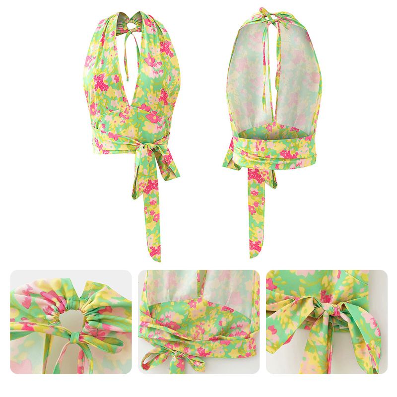 Áo Croptop Sát Nách Cổ Chữ V Thắt Nơ Hở Lưng Họa Tiết Hoa Phong Cách Quyến Rũ