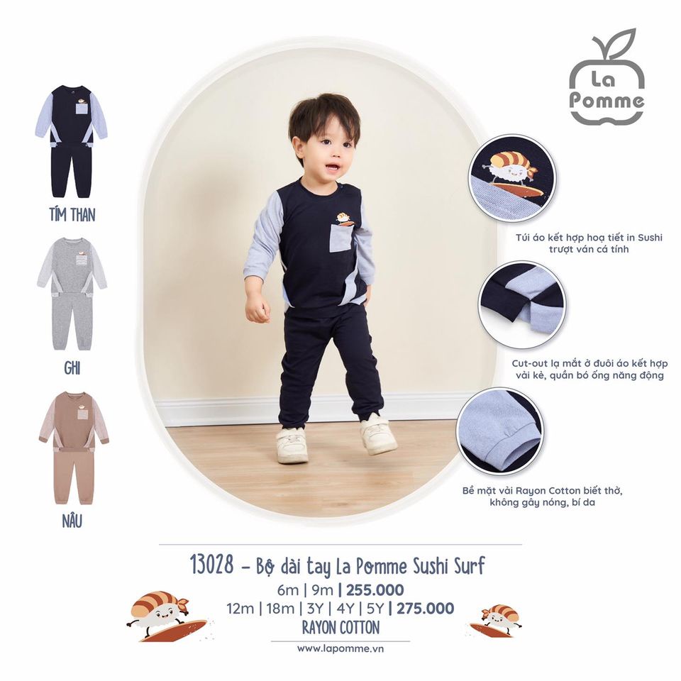 Bộ La Pomme quần áo dài tay chất Cotton cao cấp mềm mịn thoáng mát thấm hút tốt túi ngực in Sushi cho bé trai 13028