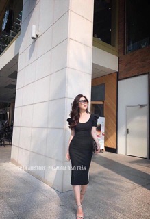Đầm body trơn tay phồng