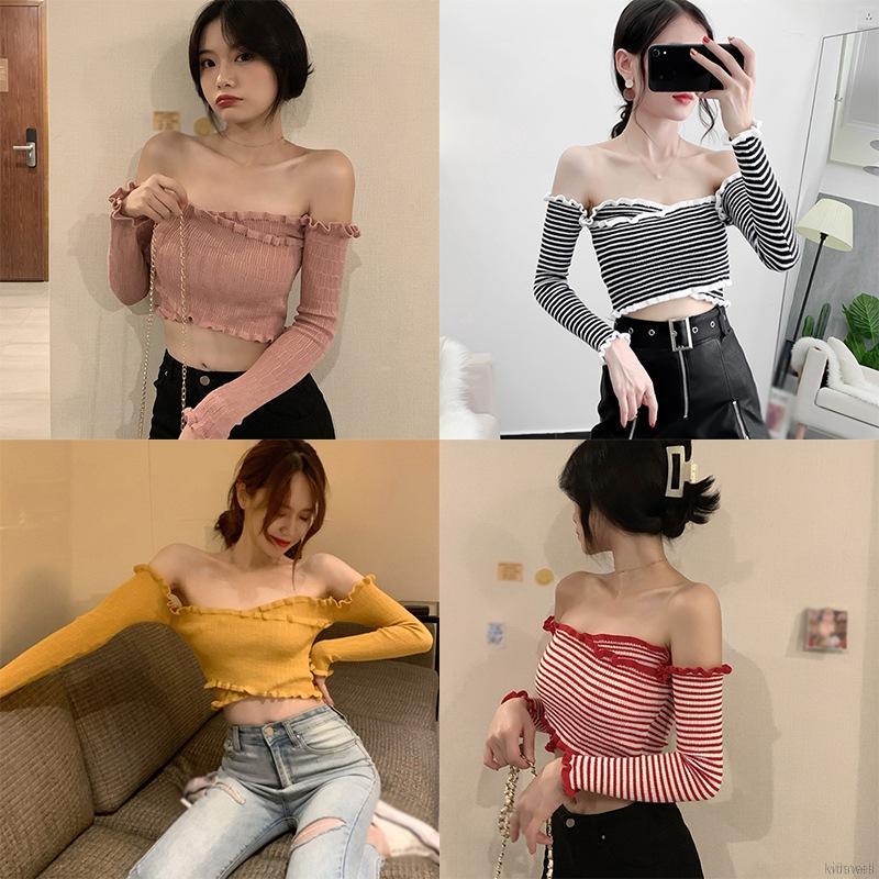 Áo kiểu crop top dệt kim tay dài trễ vai ôm dáng quyến rũ dành cho nữ