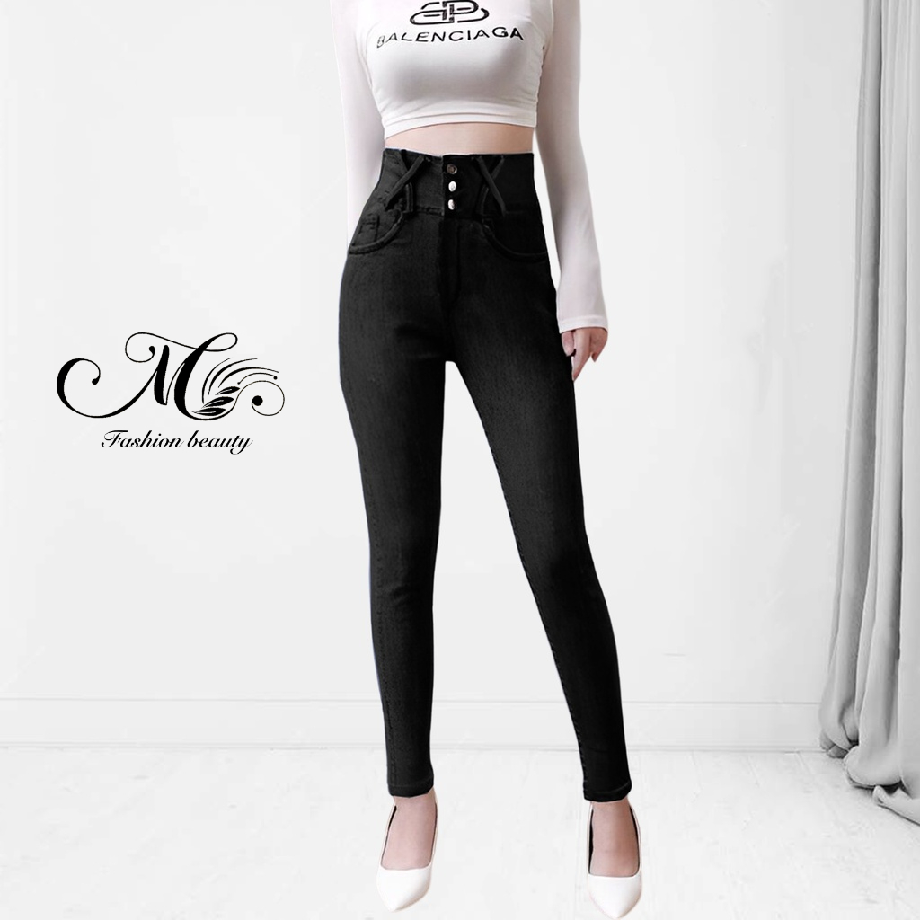 Quần jean skinny nữ màu đen bigsize 3 cúc lưng cao đai chéo vải cao cấp trơn dài co giãn tạo cảm giác thoải mái