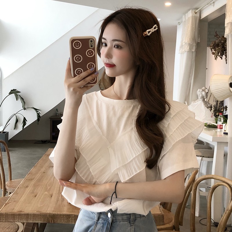 Xiaozhainv Women Blouse Korean Pure Color All Match Ruffle Short Sleeve Tshirt