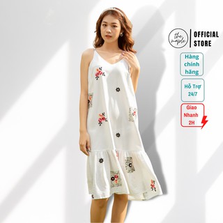 Đầm hai dây đũi thêu xòe The Maple Trắng