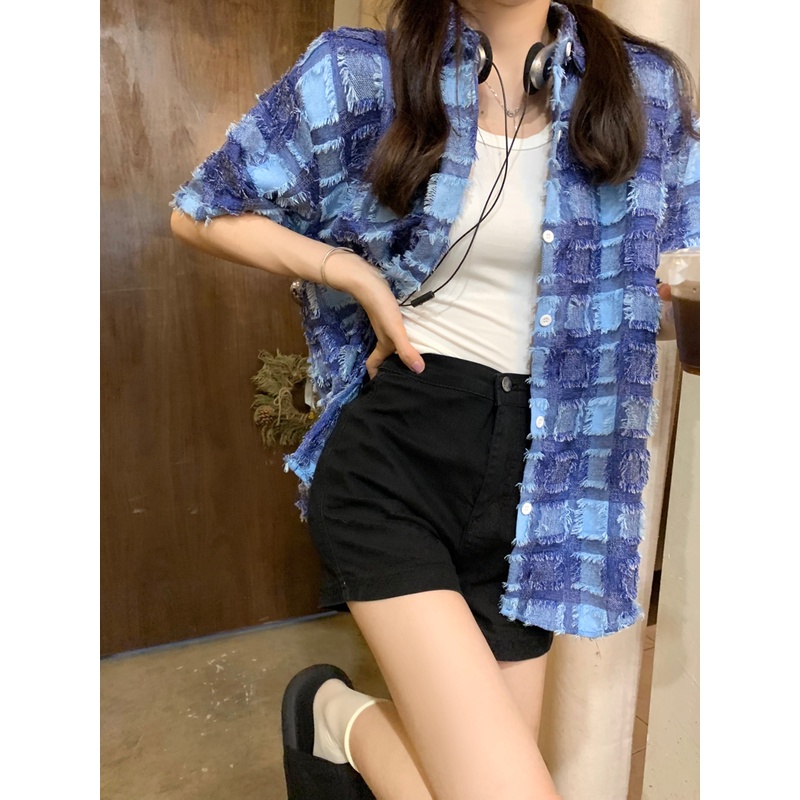 Áo Sơ Mi Tay Ngắn Họa Tiết Kẻ Ô Vuông Thời Trang Phong Cách Hàn Quốc Cho Nữ