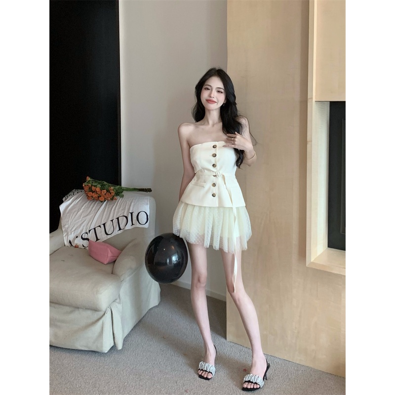 Cocory vn Set Áo Ống + Chân Váy Lưới Lưng Cao Thời Trang Quyến Rũ Cho Nữ