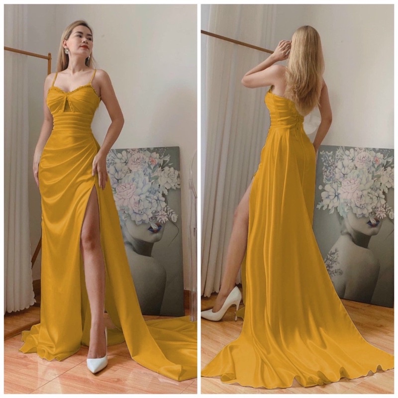 MS1253y ĐẦM DẠ HỘI 2 DÂY PHỐI TÀ NGOÀI KẾT CƯỜM