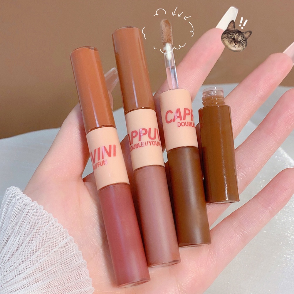 Cappuvini vui vẻ đôi-Trọc Đầu son môi men hạt dẻ Lip bùn gương nước bóng mờ Son môi firstonly