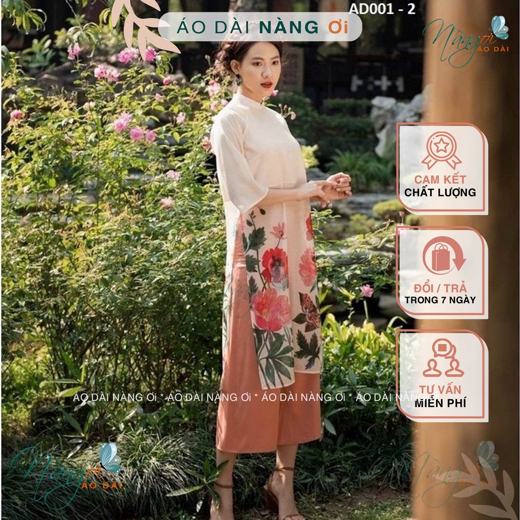 Áo Dài Cách Tân Nữ Chân Hoa Nhí Hồng 4 Tà Xuông May Sẵn Lụa Tơ Óng Đẹp NAHN211