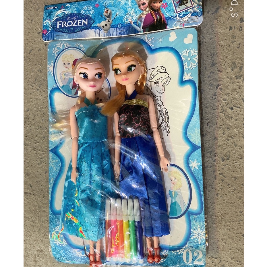 Bộ đồ chơi công chúa Elsa và Anna,búp bê có khớp kèm tranh và bút tô màu