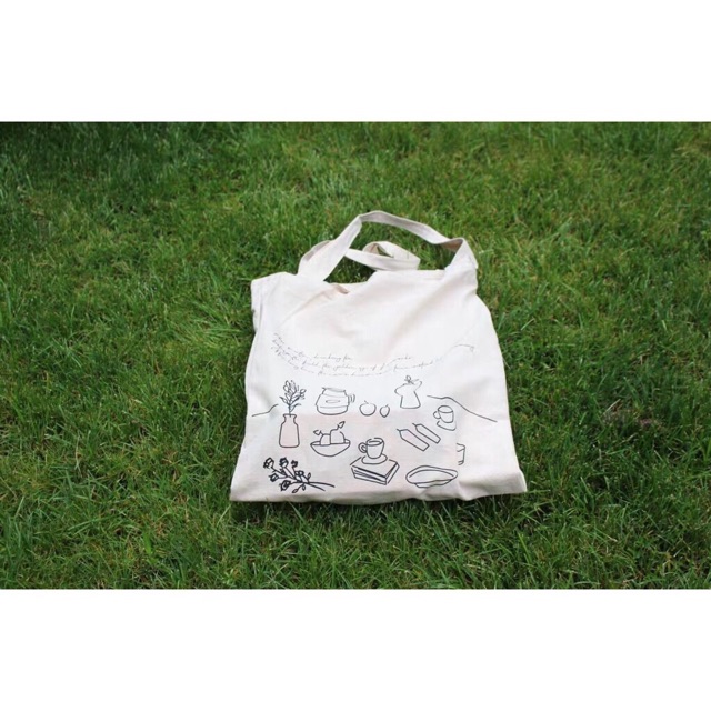 Túi tote vải bố đựng đồ canvas đeo chéo hình ấm nước có 2 ngăn