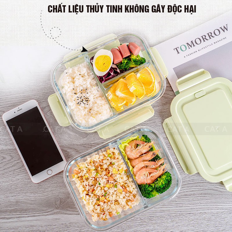 Hộp Cơm Văn phòng Thủy Tinh ❤️RẺ VÔ ĐỊCH❤️ hình chữ nhật 3 Ngăn Dung Tích 1050ml Cao Cấp