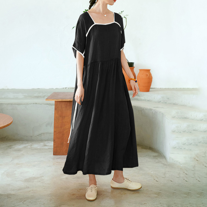 Đầm Nữ ZANZEA Dáng Dài Tay Ngắn Phong Cách Vintage Thời Trang