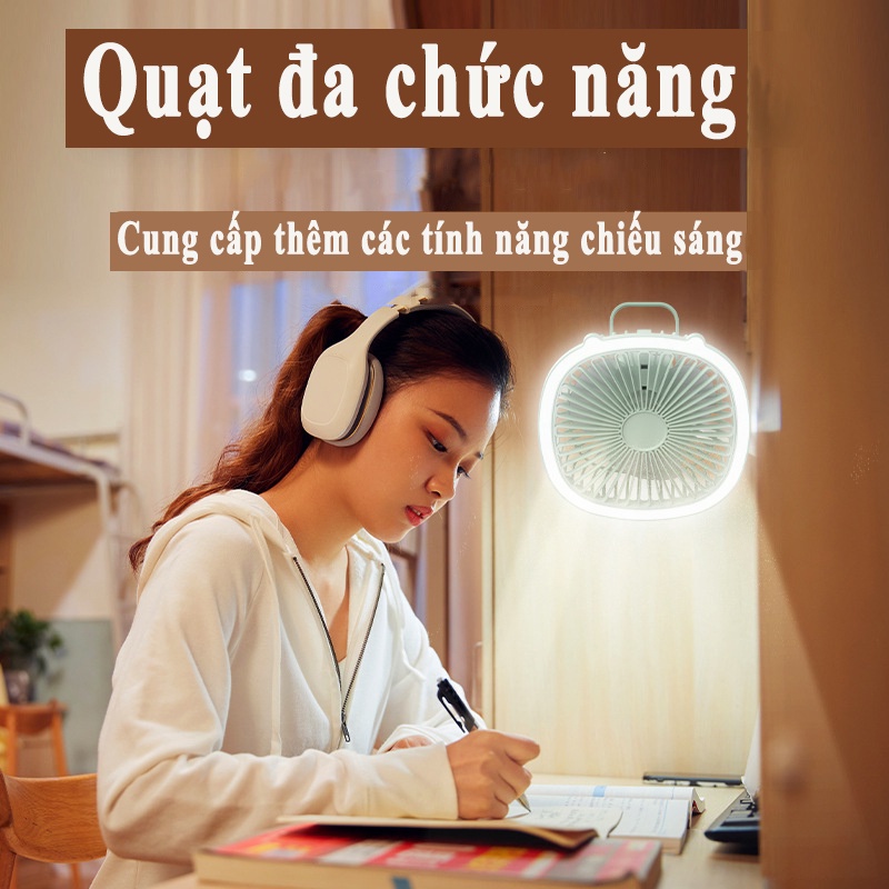 Quạt Tích Điện Để Bàn, Treo Tường Mini Có Đèn Chiếu Sáng, Điều Chỉnh 3 Tốc Độ Gió,Có Thể Sạc Lại Cổng Sạc USB
