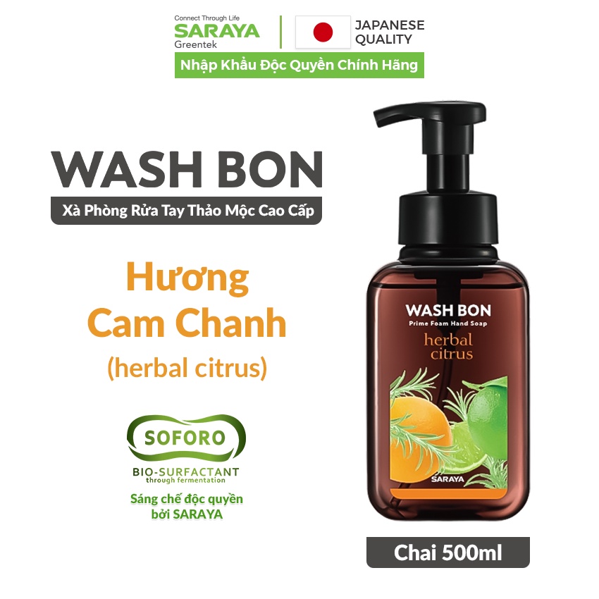 Xà phòng rửa tay thảo mộc tạo bọt Saraya Wash Bon hương cam chanh, làm sạch và dịu nhẹ với da tay - 500ml