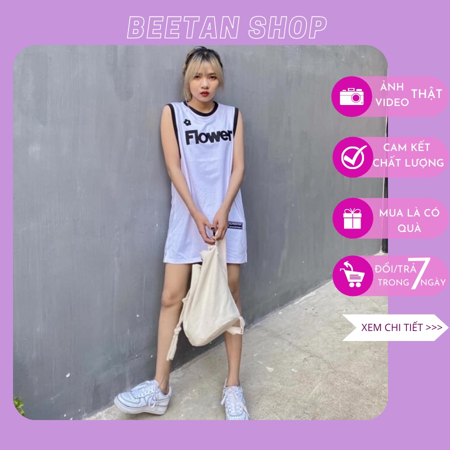 Áo thun tanktop ba lỗ thể thao dáng dài giấu quần nữ uzzlang flower
