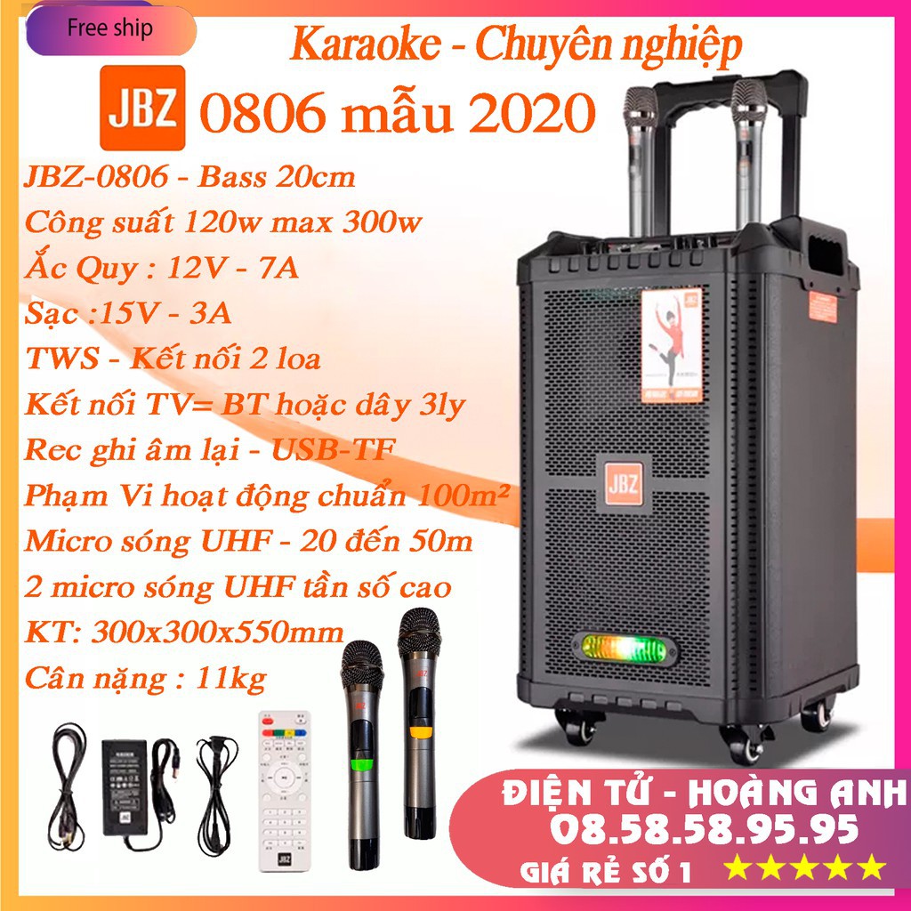 Loa kéo karaoke JBZ-NE-0806 / 1006 / 1206 (Loa 0806 Bass 20cm công suất 120w max 300w) tặng 2 Micro UHF- Kim loại