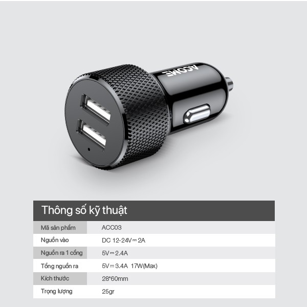 Tẩu Sạc Ô Tô Cốc Sạc Xe Hơi ACOME ACC03 2 Cổng USB Sạc Nhanh 2.4A  Chỉ Báo Đèn LED Chính Hãng