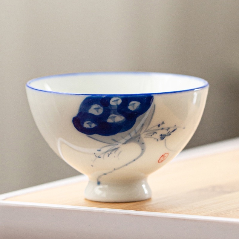 Chén Trà Sứ Thanh Hoa Vẽ Thủ Công Hoạ Tiết Sen Cao Cấp Thấu Quang