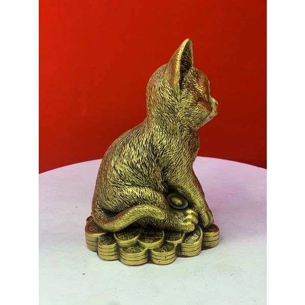 Tượng Mèo Ngồi Trên Tiền Vật Phẩm Phong Thuỷ Bằng Đồng