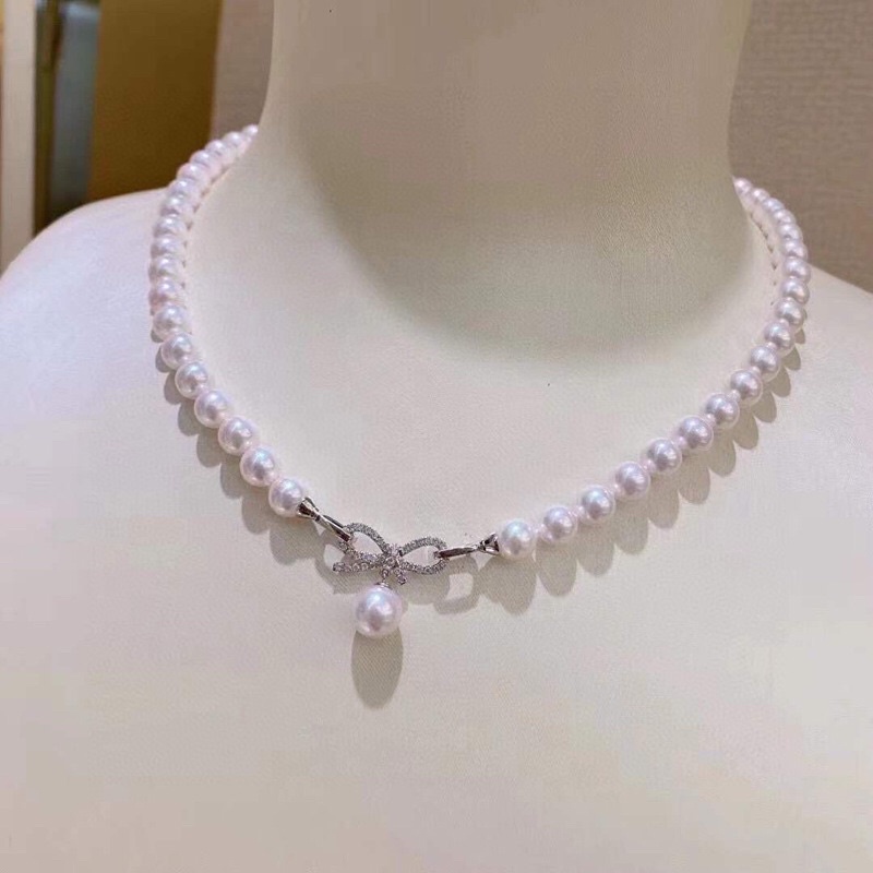 Dây chuyền hạt ngọc trai nhân tạo size 7-8ly khóa nơ bạc