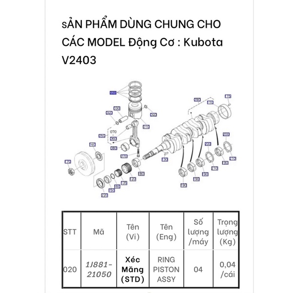 Bạc Piston  máy gặt DC70 Chính hãng Kubota