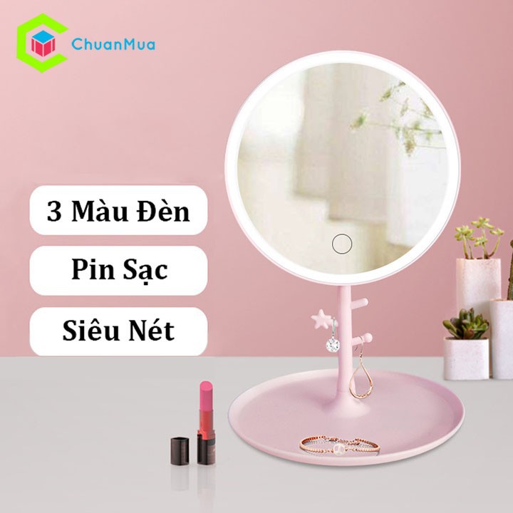 Gương Để Bàn Trang Điểm Đèn Led Cảm Ứng ̣̣(Giá đỡ đồ, Khay đựng, Pin Sạc, Xoay 90 độ,...) Gương Soi Trang Điểm Có Đèn