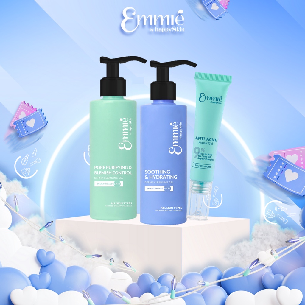 Sữa rửa mặt Emmié sạch sâu kiểm soát dầu mụn 2% BHA, cấp ẩm dịu nhẹ B5 và gel chấm mụn Emmie By Happy Skin 180ml