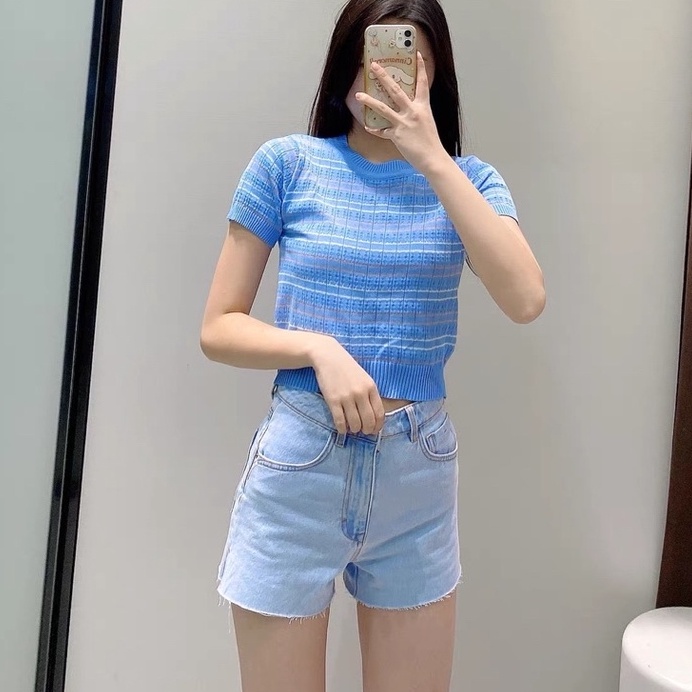 Áo thun croptop nữ dệt kim kẻ ngang cổ tròn tay ngắn phối màu trẻ trung năng động