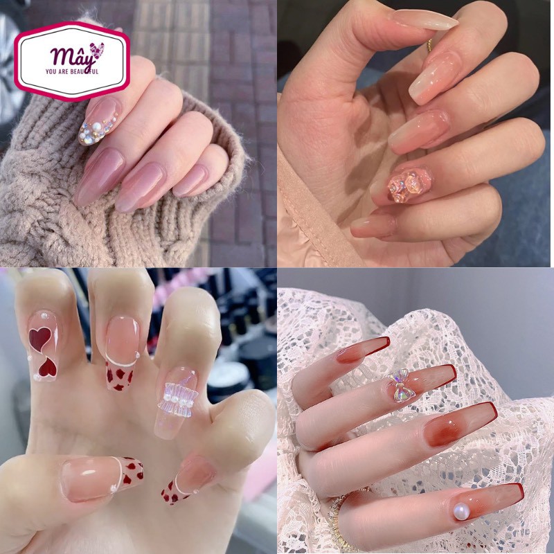 Set 24 móng tay giả tone hồng đẹp xinh xắn đính charm, đá CD