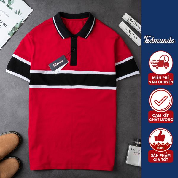 Áo Phông POLO Nam Edmundo - Áo Thun Nam Thiết Kế Ngắn Tay Đỏ Sọc Ngang Vải Cotton Cá Sấu Mắt Chim Dáng Ôm Cao Cấp