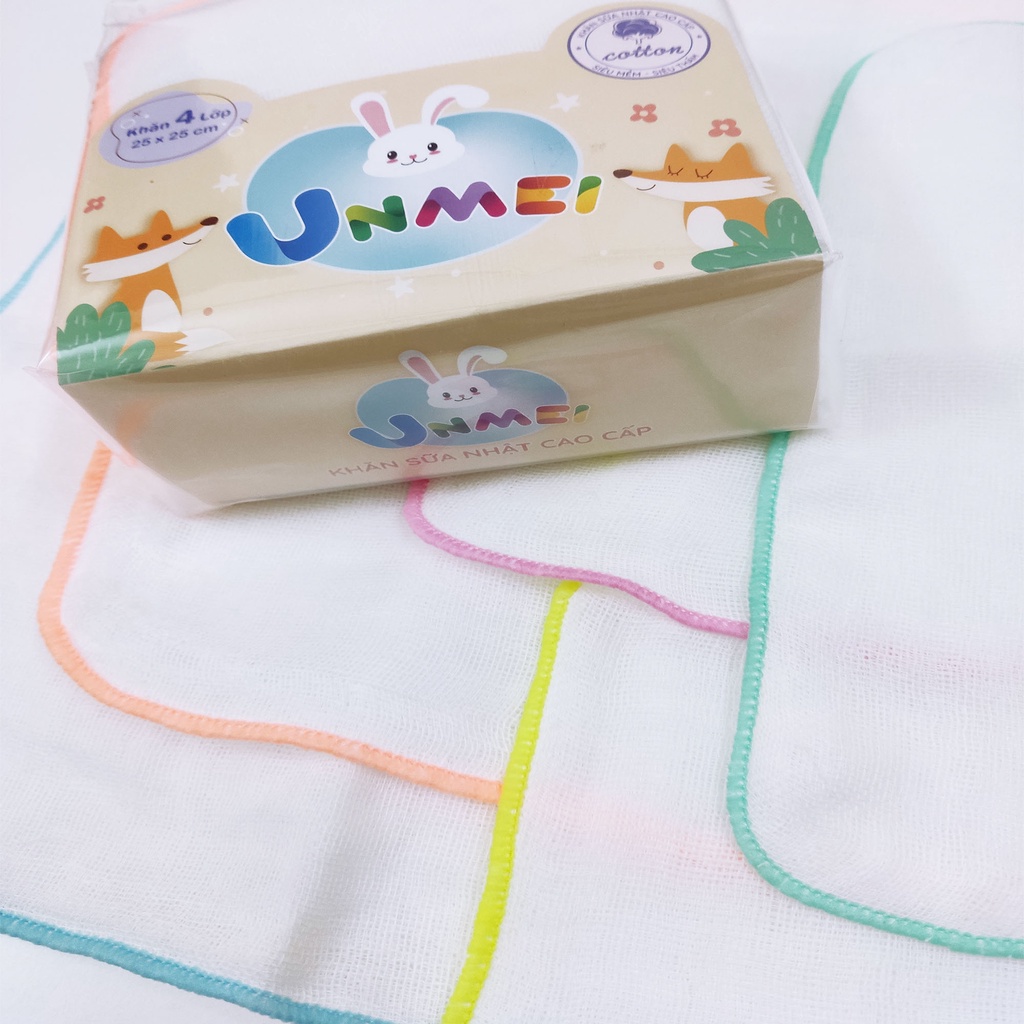 Gói 50 Khăn sữa vải gạc Unmei Dày 4 lớp 25x25cm 100% cotton (Đồ dùng vệ sinh cho bé) - Bịch 10 Cái x 5 Bịch