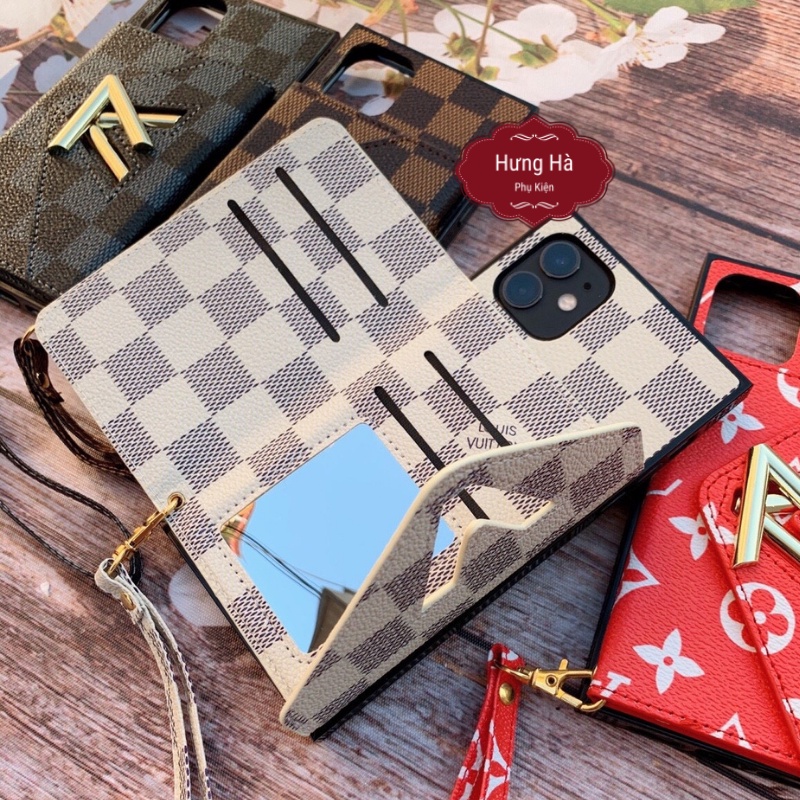 Ốp Vuông LV Da kèm ví đựng tiền cao cấp , Tặng Dây Cho iPhone