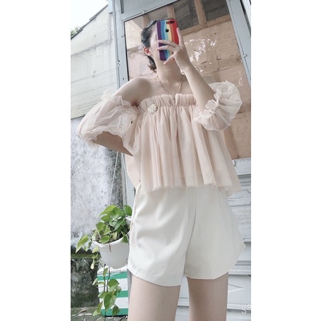 SET ÁO VOAN LƯỚI NUDE TAY PHỒNG SHORT