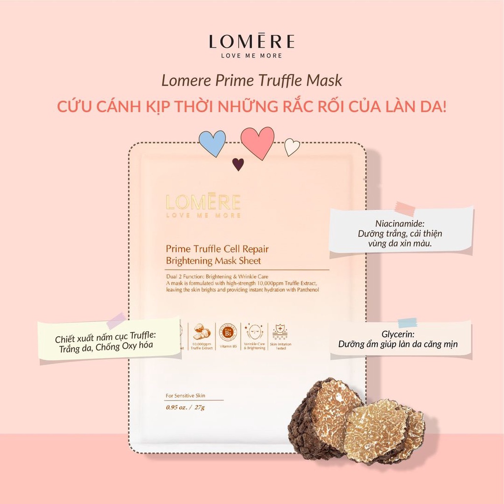 Mặt Nạ Dưỡng Trắng Da LOMERE Prime Truffle Cell Chăm Sóc Da Cung Cấp Nhiều Dưỡng Chất Gấp 3 Lần Mặt Nạ Giấy 27gr