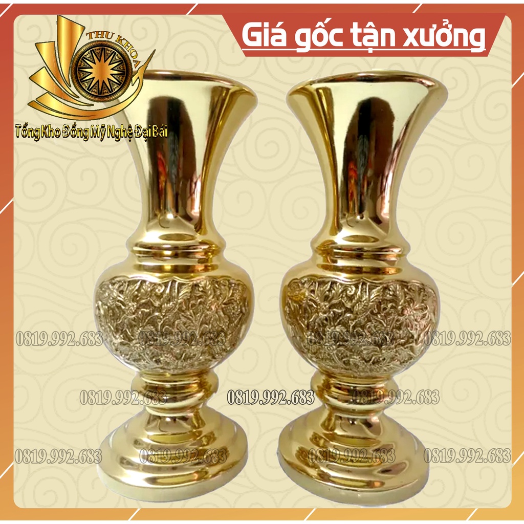 Đôi Lọ Hoa Bằng Đồng Vàng Sáng Bóng Trang Trí Ban Thờ Họa Tiết Hoa Cúc Đồ Đồng Đại Bái Bảo Trì Trọn Đời