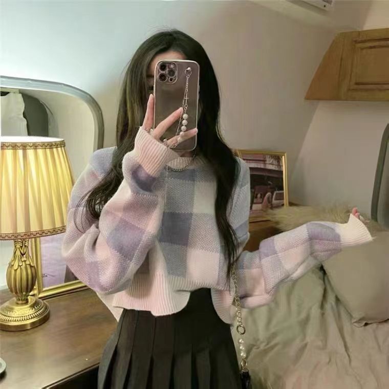 Áo Len Tay Dài Họa Tiết Sọc Caro Phong Cách Retro Hàn Quốc