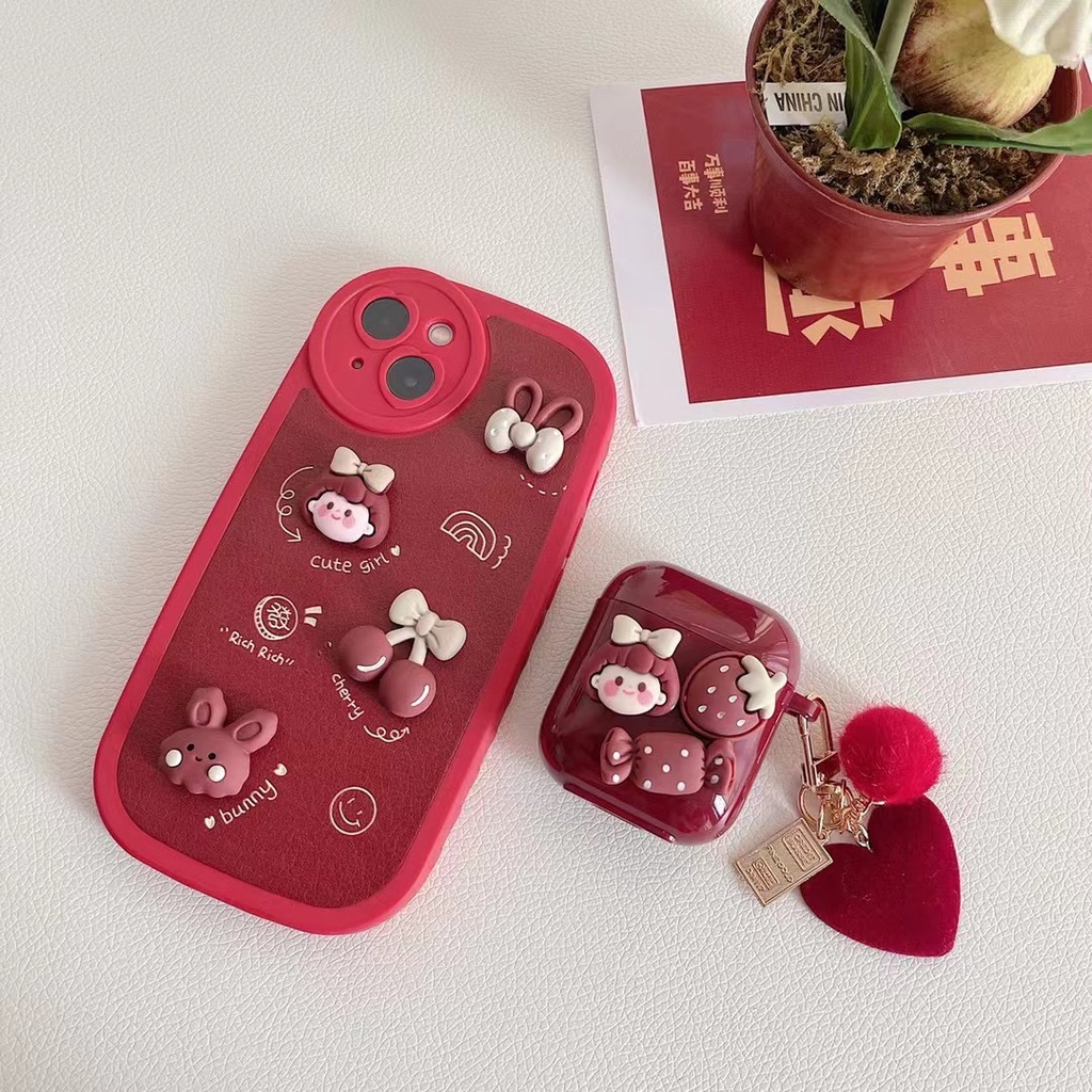 Burgundy girl compatible for airpods 1/2 pro cartoon protect Bluetooth headset cover soft tpu with chain airpods 3 new