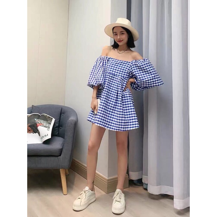 Đầm kẻ caro tay bồng dáng babydoll ulzzang