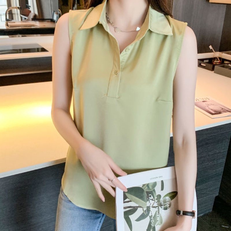 Áo Sơ Mi Trơn Không Tay 165482 Áo Sơ Mi Cổ Bẻ Dáng Rộng Thiết Kế Đơn Giản Dễ Phối Đồ