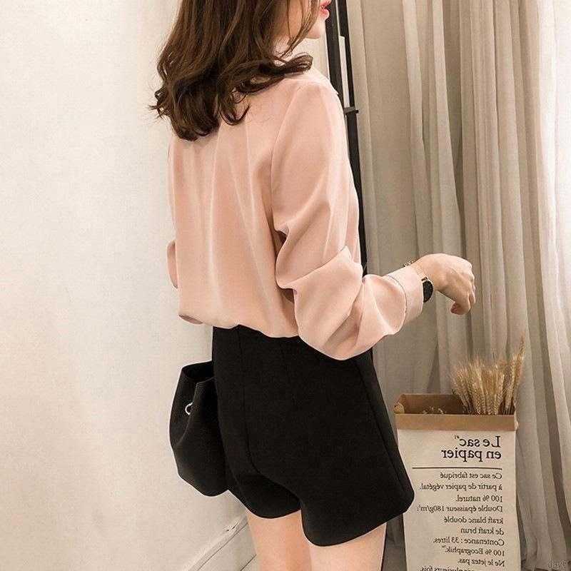 Áo chiffon nữ tay dài cổ chữ V thời trang Hàn Quốc