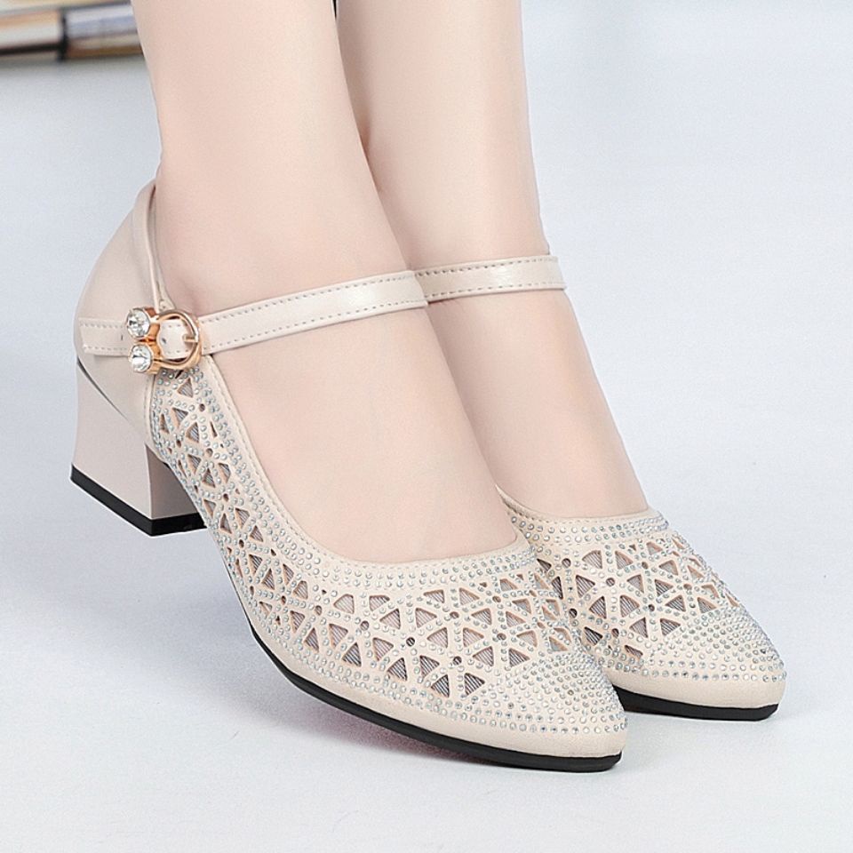 Giày Cao Gót Da Mềm Phối Lưới Thoáng Khí Chống Mòn Size 35-39 Thời Trang Mùa Hè Cho Phụ Nữ Trung Niên