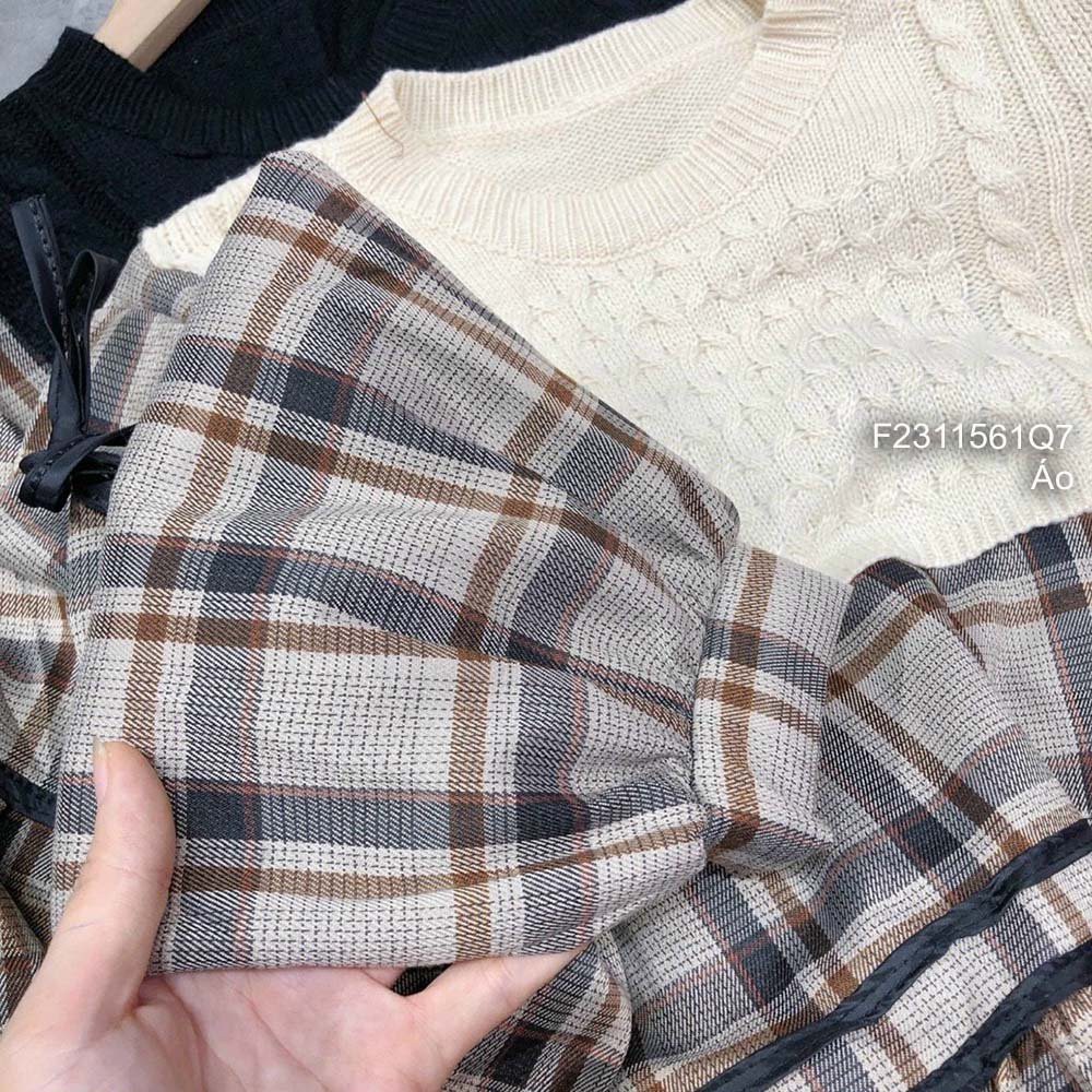 Áo babydoll họa tiết caro phối len form rộng tay dài thắt nơ! | BigBuy360 - bigbuy360.vn