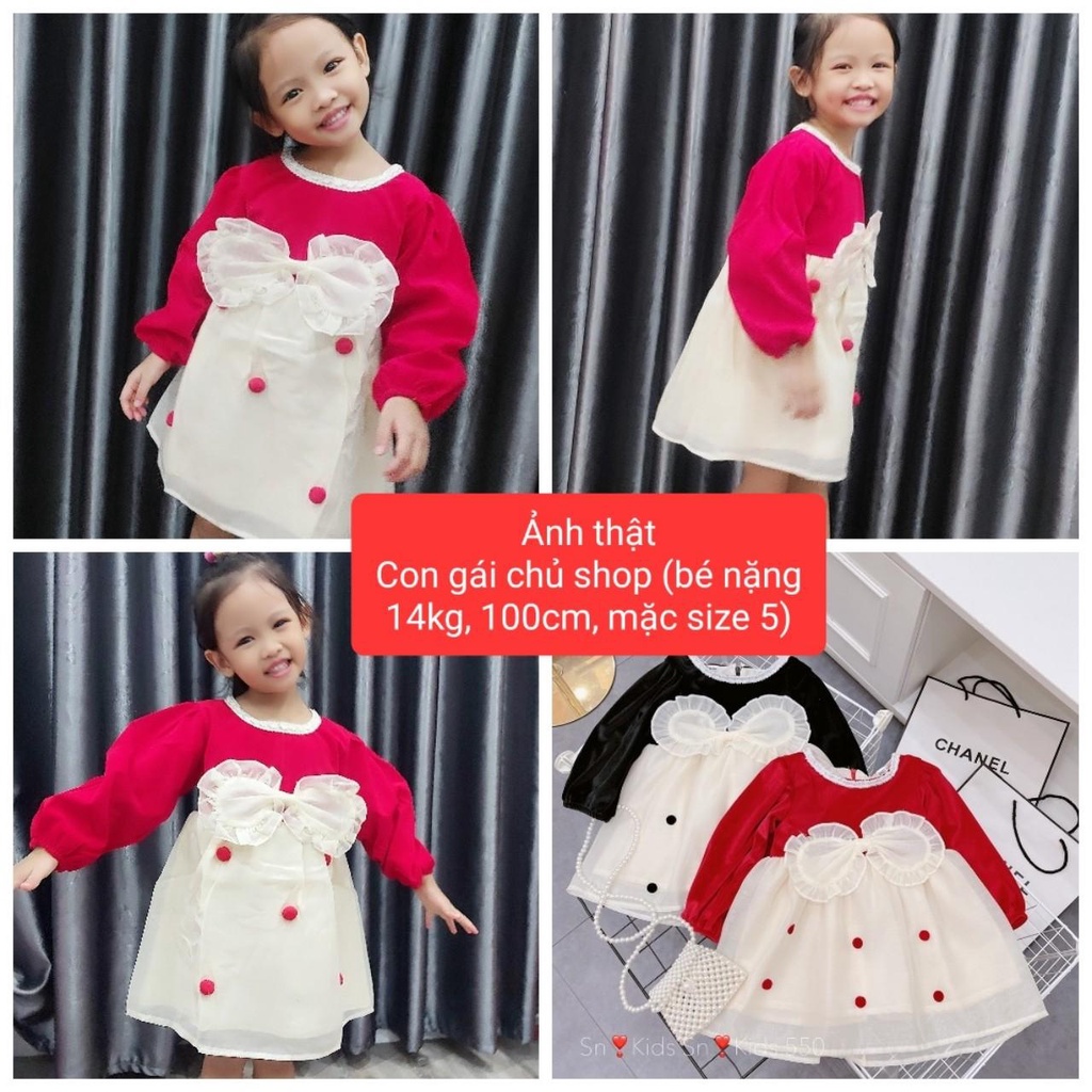 Váy nhung phối voan chấm bi dáng babydoll thắt nơ xinh xắn cho bé gái 7- 18kg