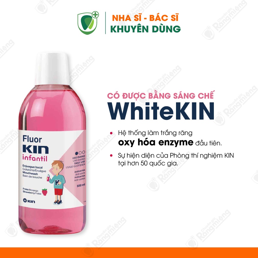 Nước súc miệng cho bé Fluor Kin Infantil, Ngăn ngừa Sâu răng, Hương Dâu, Dùng cho trẻ trên 5 tuổi, Chai lớn 500ml
