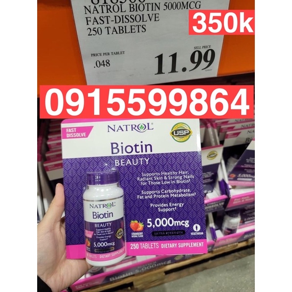 ( Có Bill Mỹ) Viên Ngậm Hỗ Trợ Mọc Tóc Natrol Biotin 5000mcg 250 Viên - Biotin 5000 mcg Cosin Store