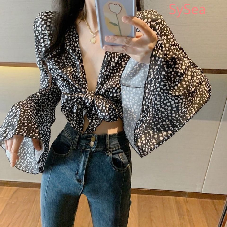 Áo croptop dài tay thắt nơ chống nắng thời trang mùa hè cho nữ