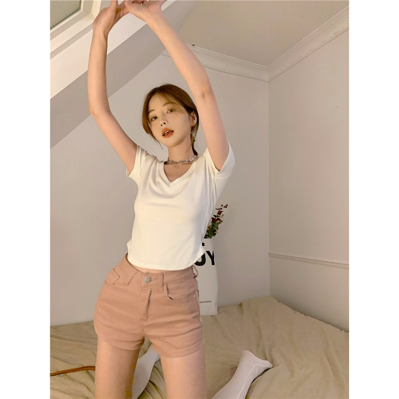Áo Thun Tay Ngắn Cổ Chữ V Màu Trơn Dáng Ôm Phong Cách Hàn Quốc Thời Trang Mùa Hè Mới Dành Cho Bạn Nữ