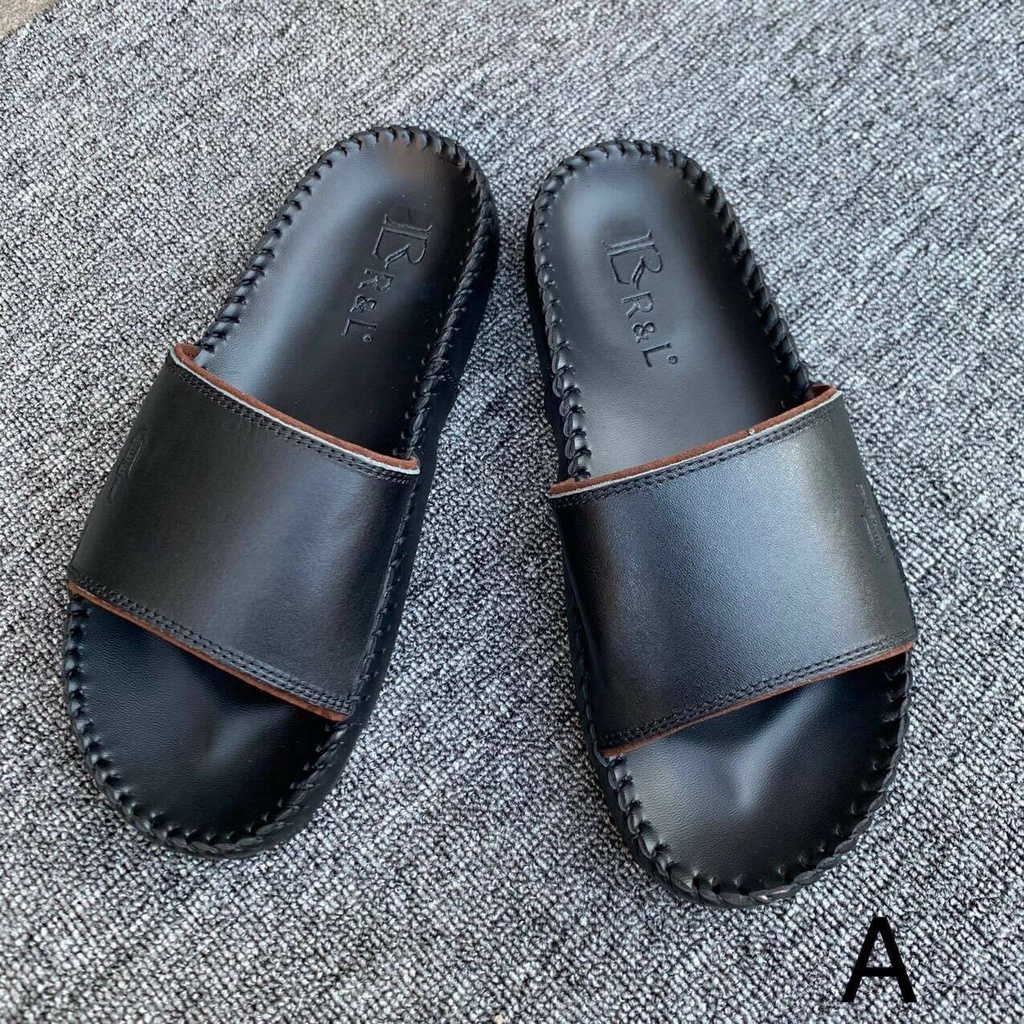 Dép Nam quai ngang trơn da bò cao cấp mã A màu đen