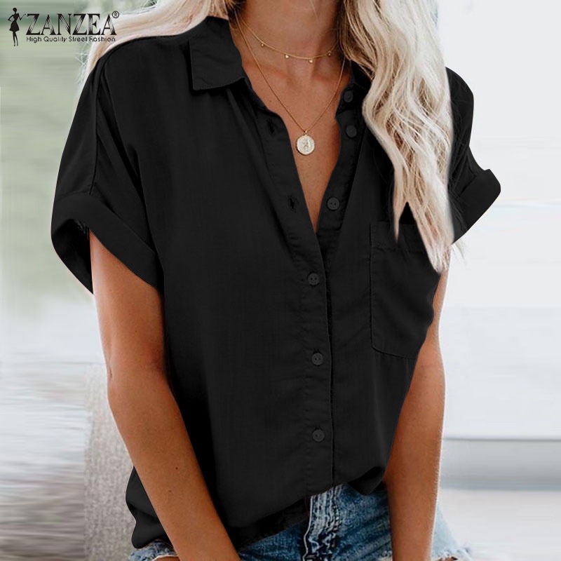 Zanzea Áo Sơ Mi Tay Ngắn Có Túi Phong Cách Retro Châu Âu Thời Trang Cho Nữ