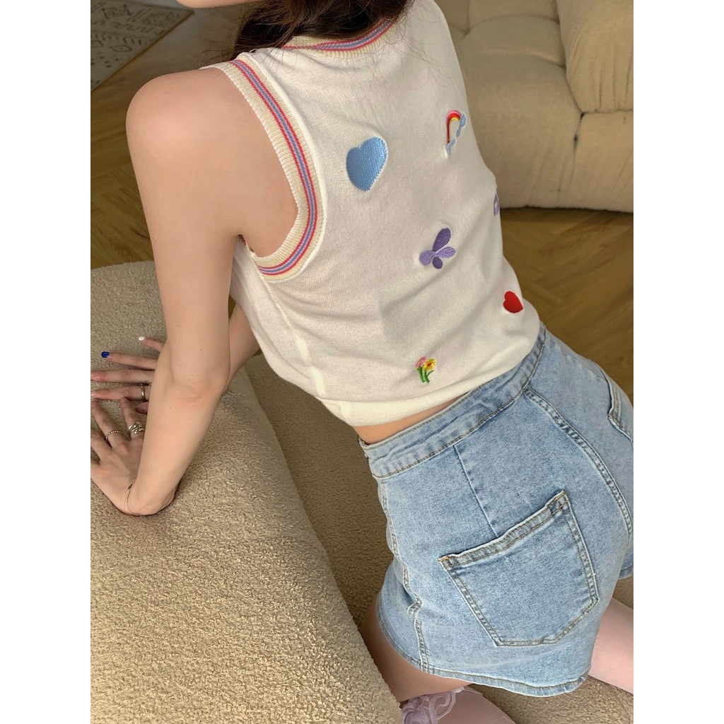 Áo croptop dệt kim không tay thêu họa tiết thời trang năng động cho nữ